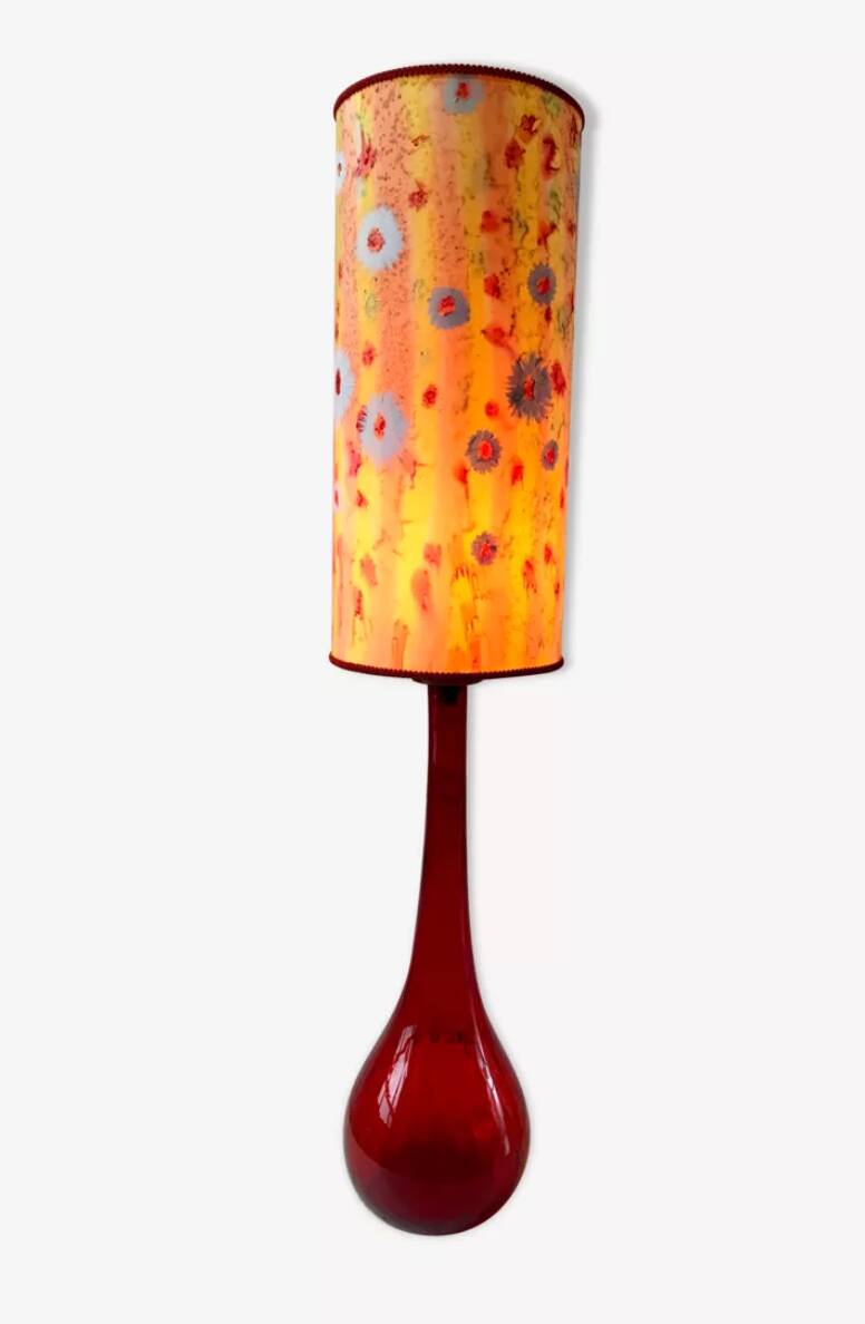 Large red Murano style Italian blown glass lamp and seventies lampshade from the 70s