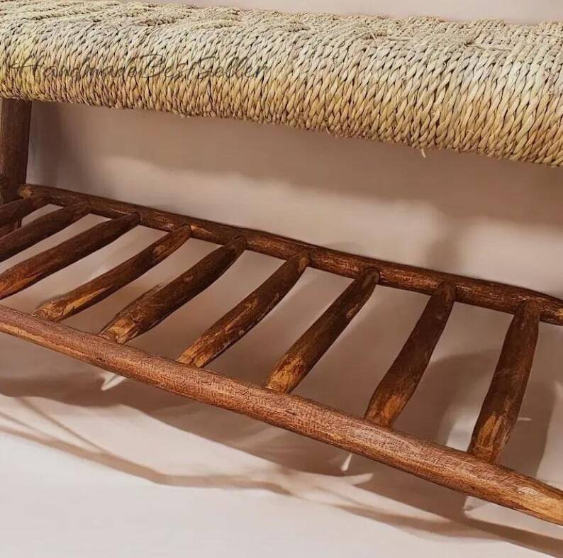 Moroccan bench with hand-woven palm leaf cord