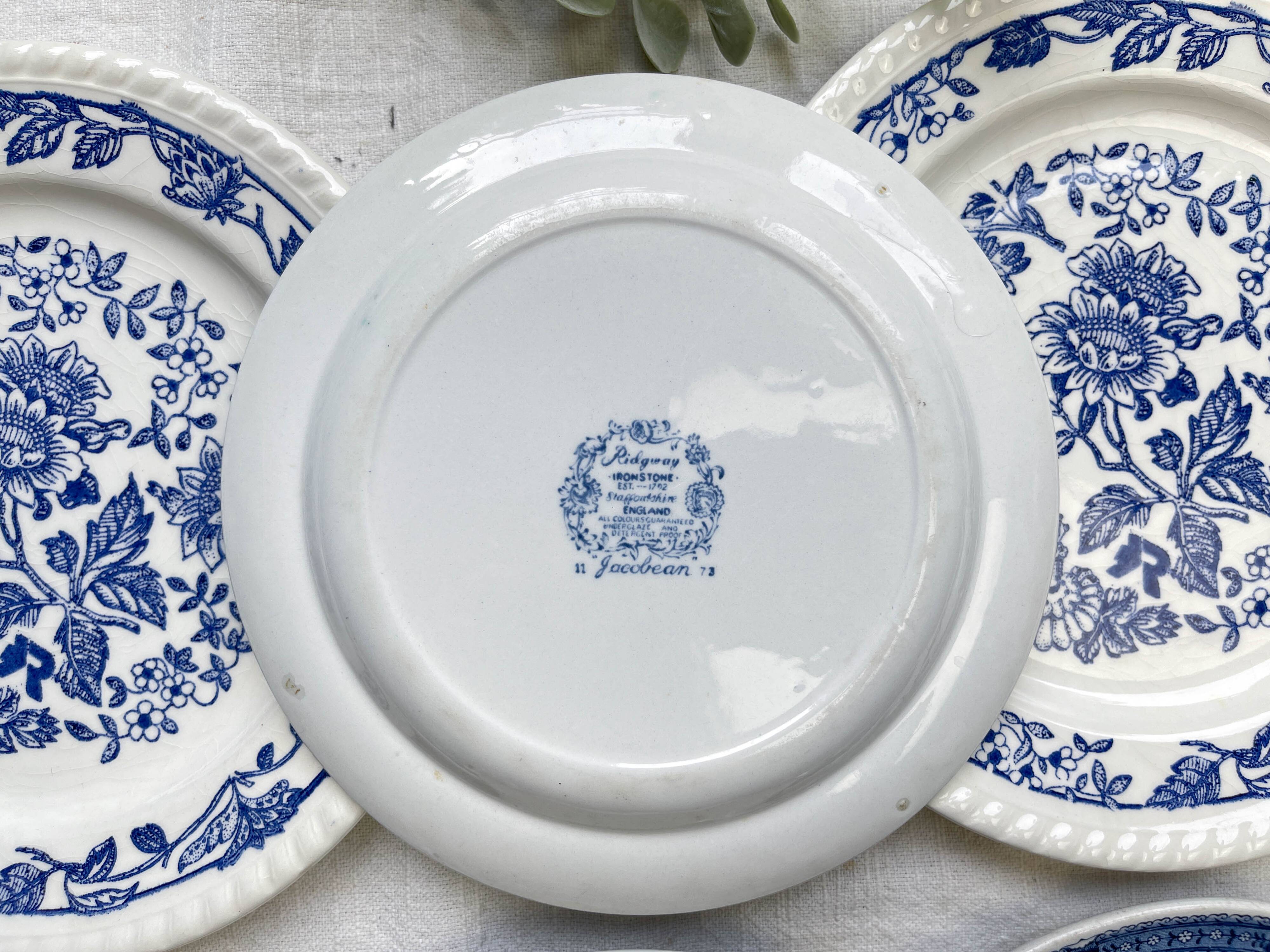 6 Vintage White Porcelain Plates with Gold Trim + 6 Small Mismatched Blue Jacobean Plates