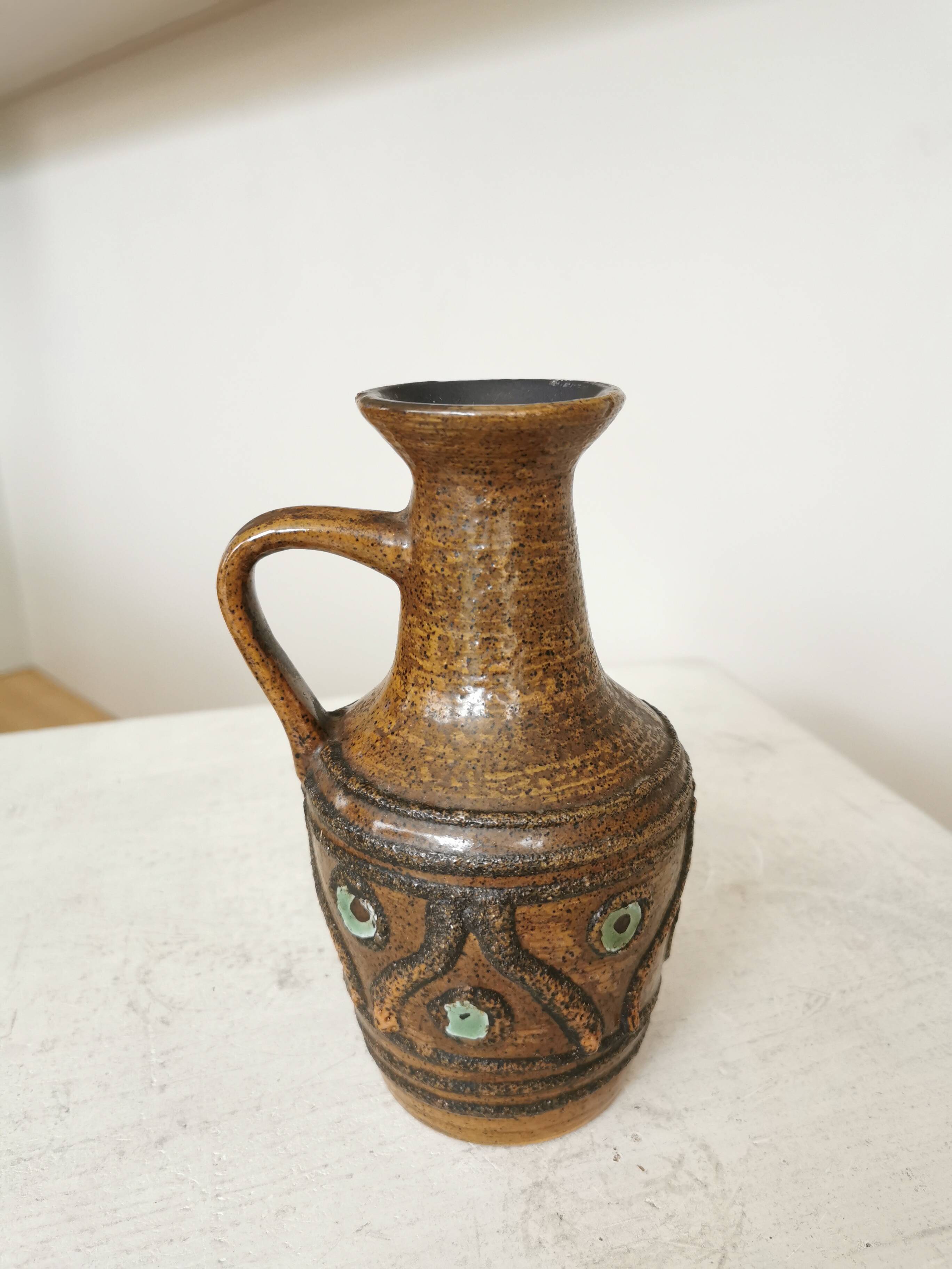 Rustic Ceramic Jug: 1970s West German Pottery Vase, Boho Decor