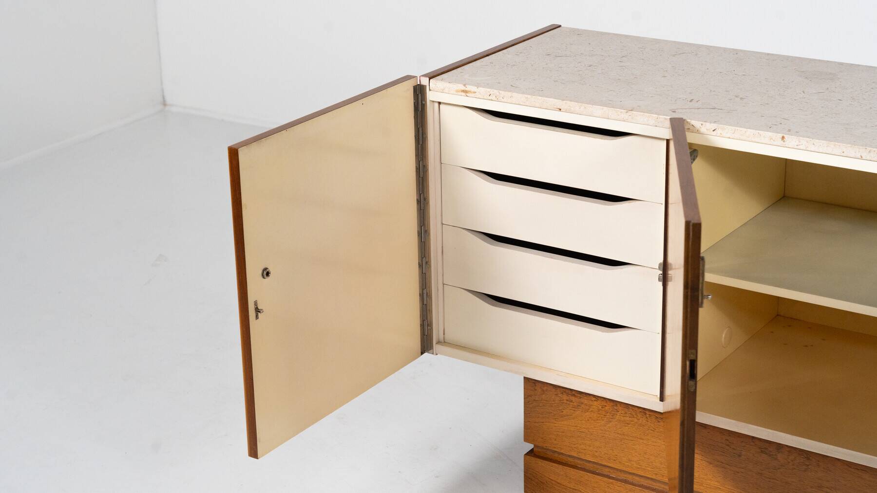 Mid-Century Modern Sideboard, Wood and Travertine, 1970s