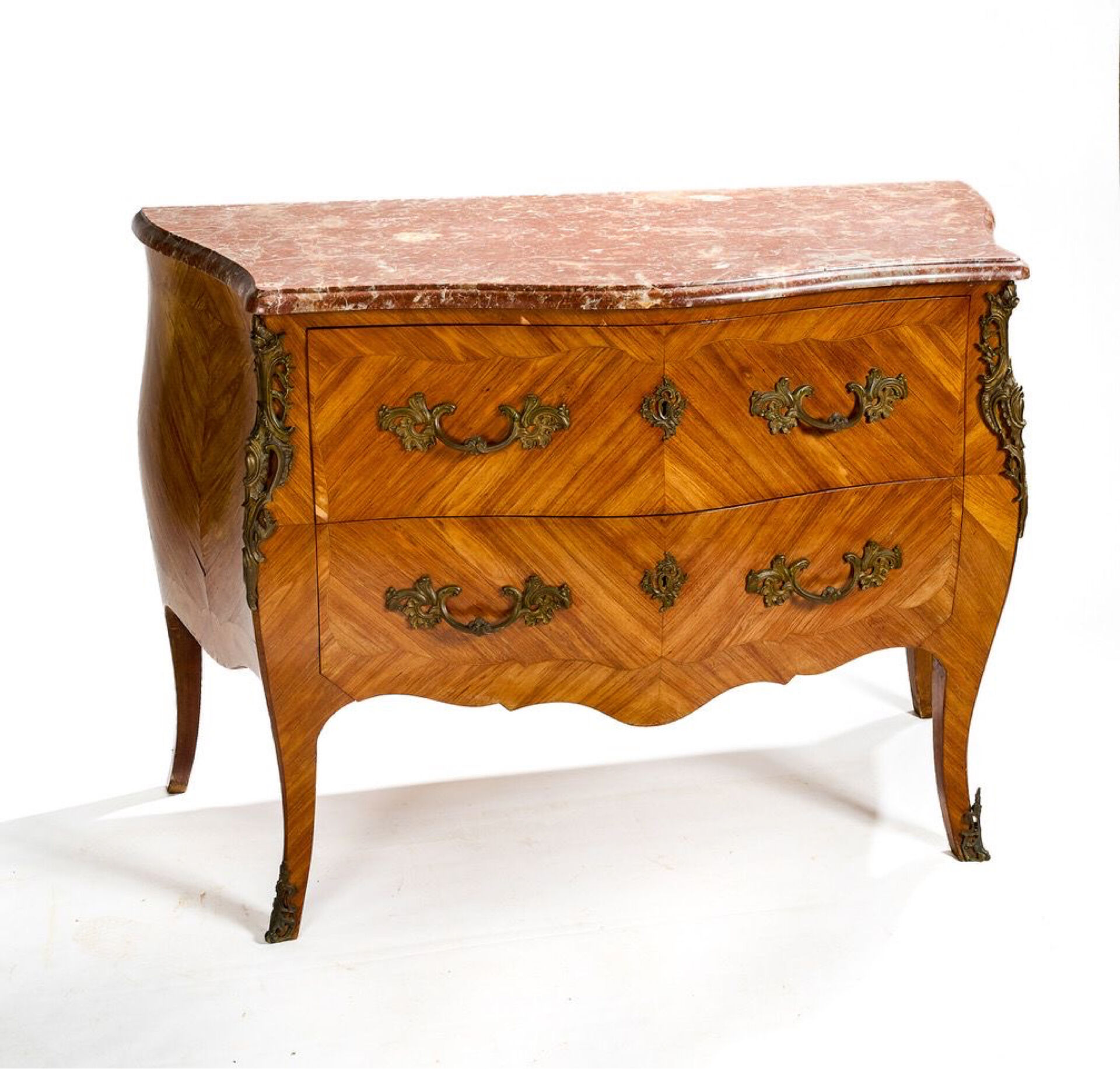 Curved Louis XV style commode in rosewood and red marble, fine.