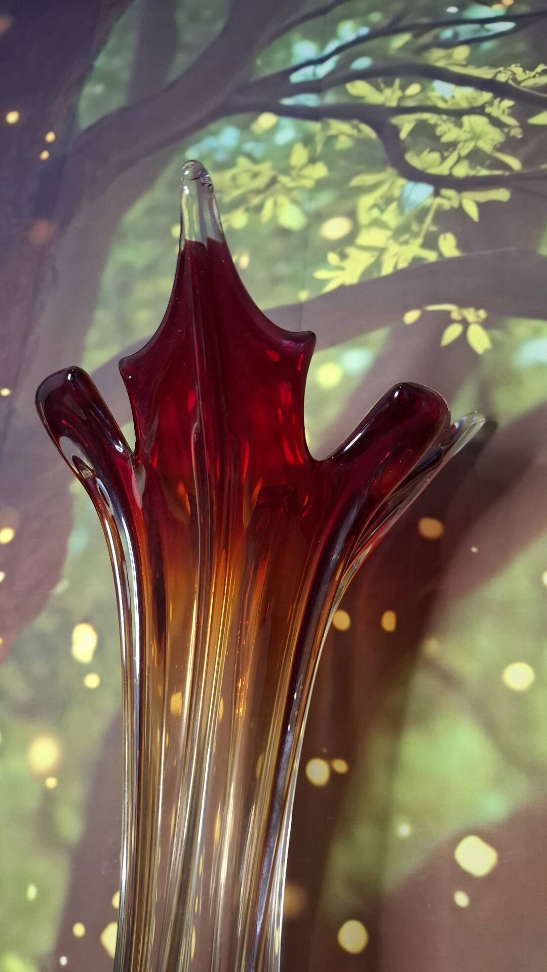 Murano glass vase, blown, gradient red, original antique label.