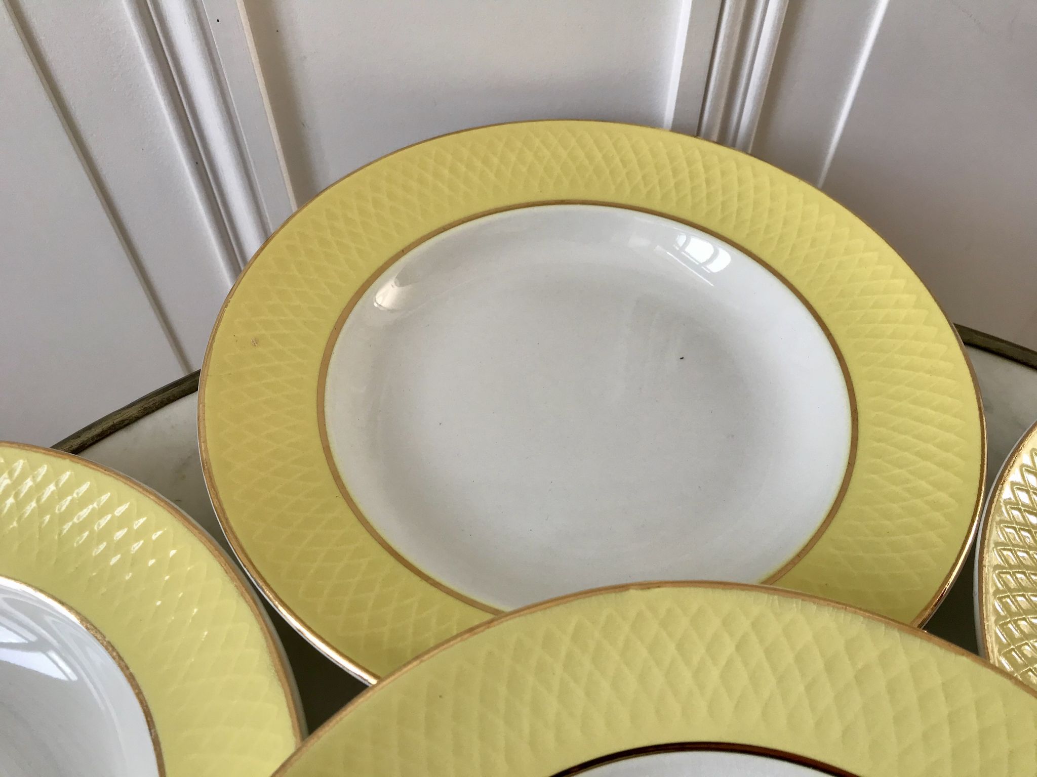 lot of 6 hollow plates Moulin des Loups textured canary yellow 50s