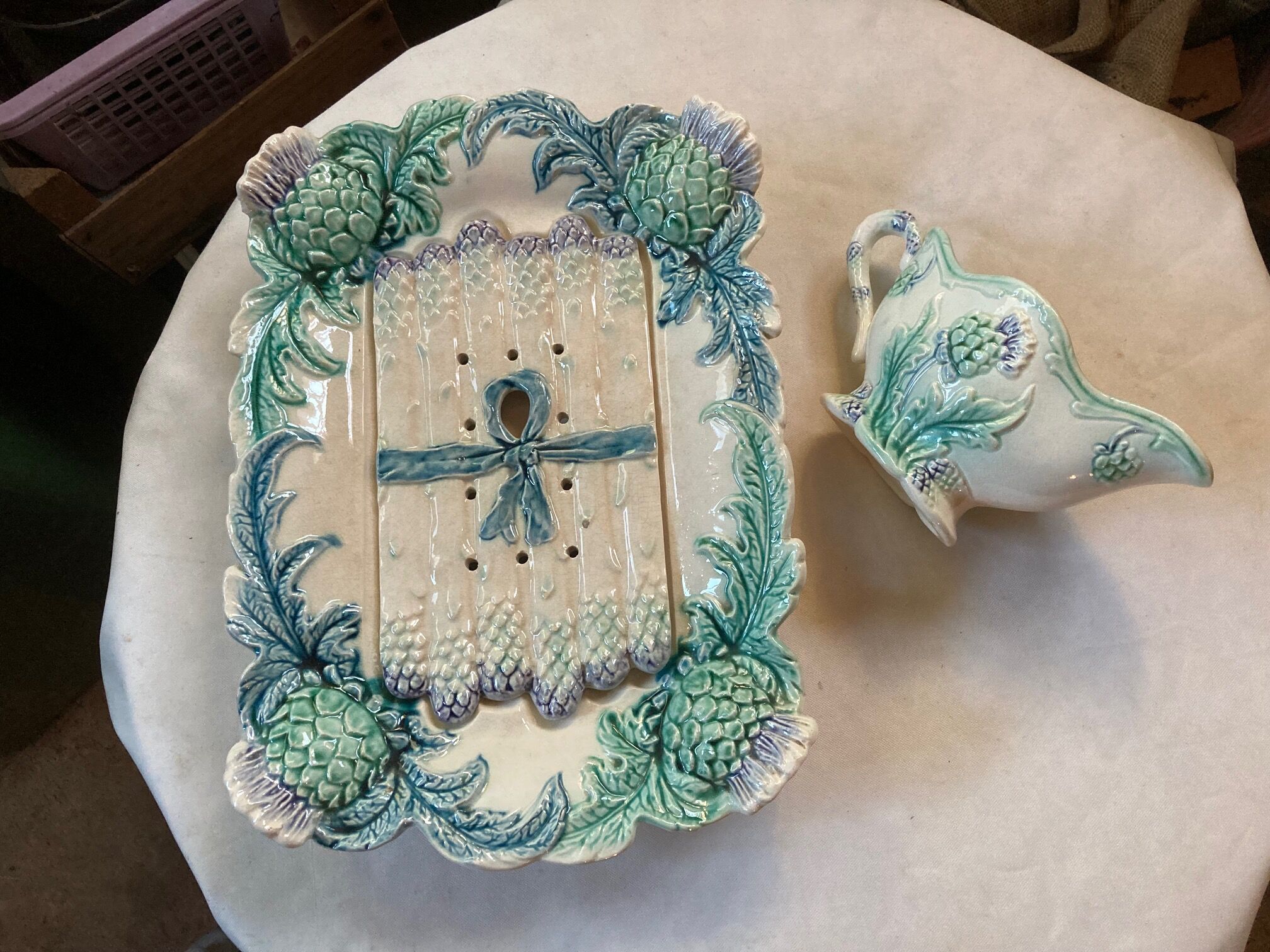 Vintage asparagus dish and sausage