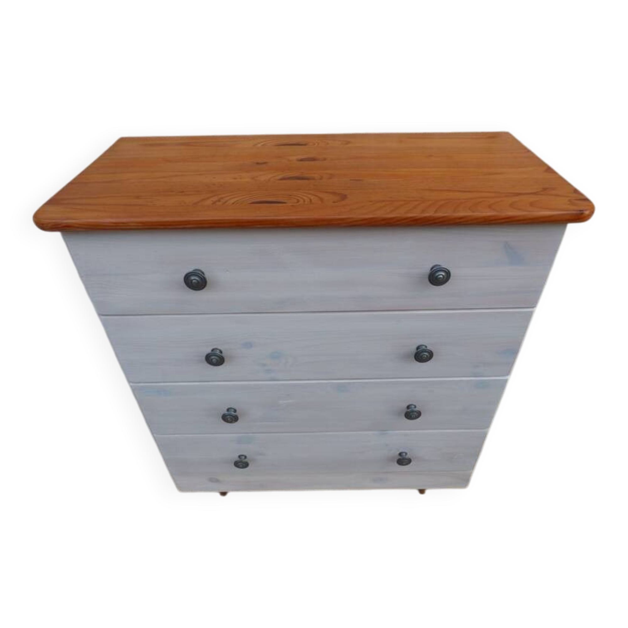 Grande Commode dessus bois 4  tiroirs cérusés blanc gris avec boutons métal