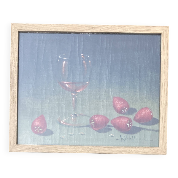 Tableau - Nature morte : Verre de vin et fraises