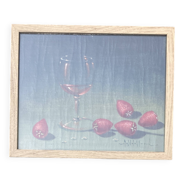 Painting - Still life: Glass of wine and strawberries