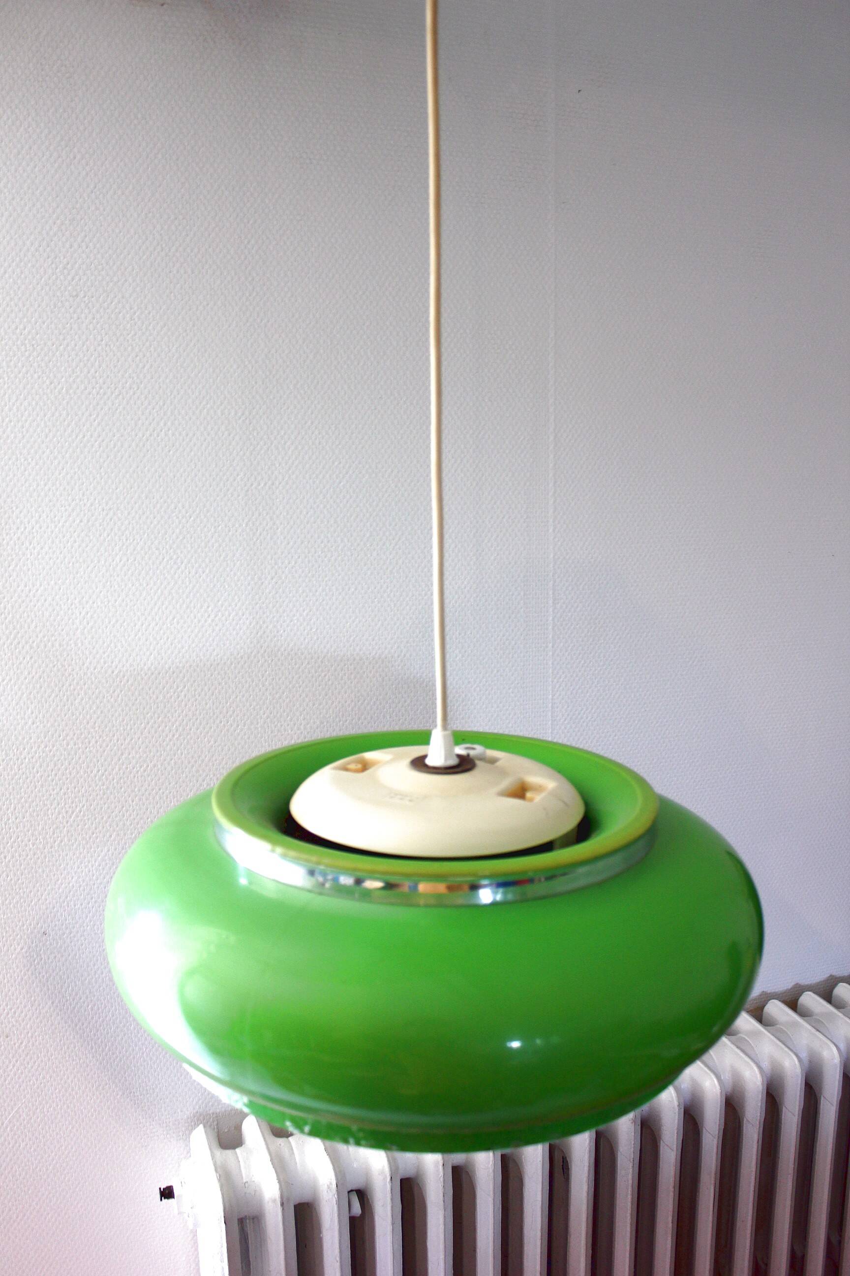Vintage space age green saucer pendant light from the 1970s