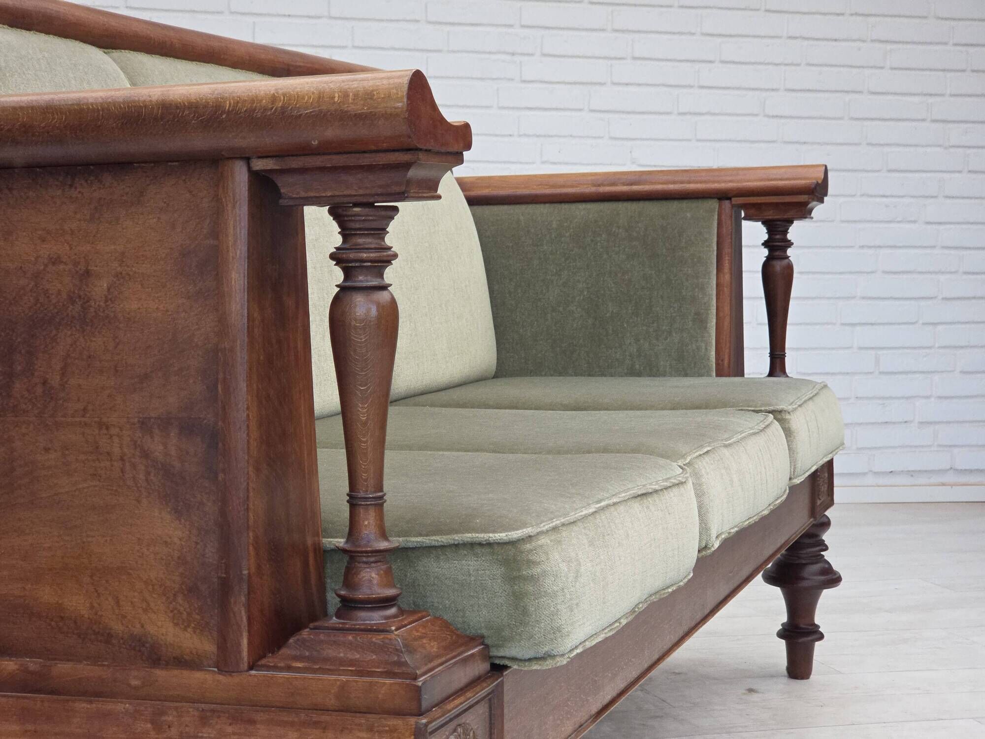 1930s, Danish 3 seater antique sofa, furniture velour, ash wood.