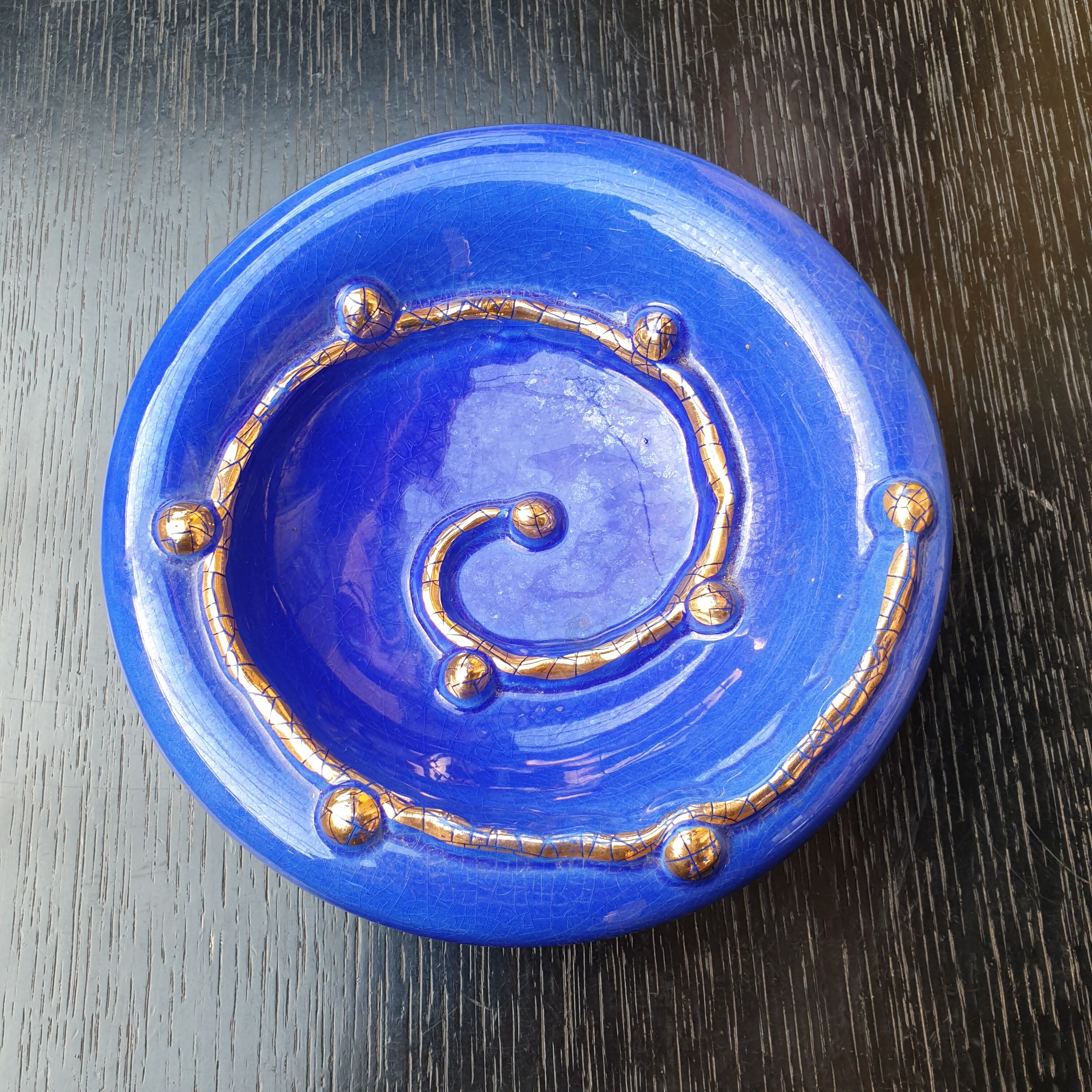 Longwy enamelled vintage cup blue and gold pocket vacuum