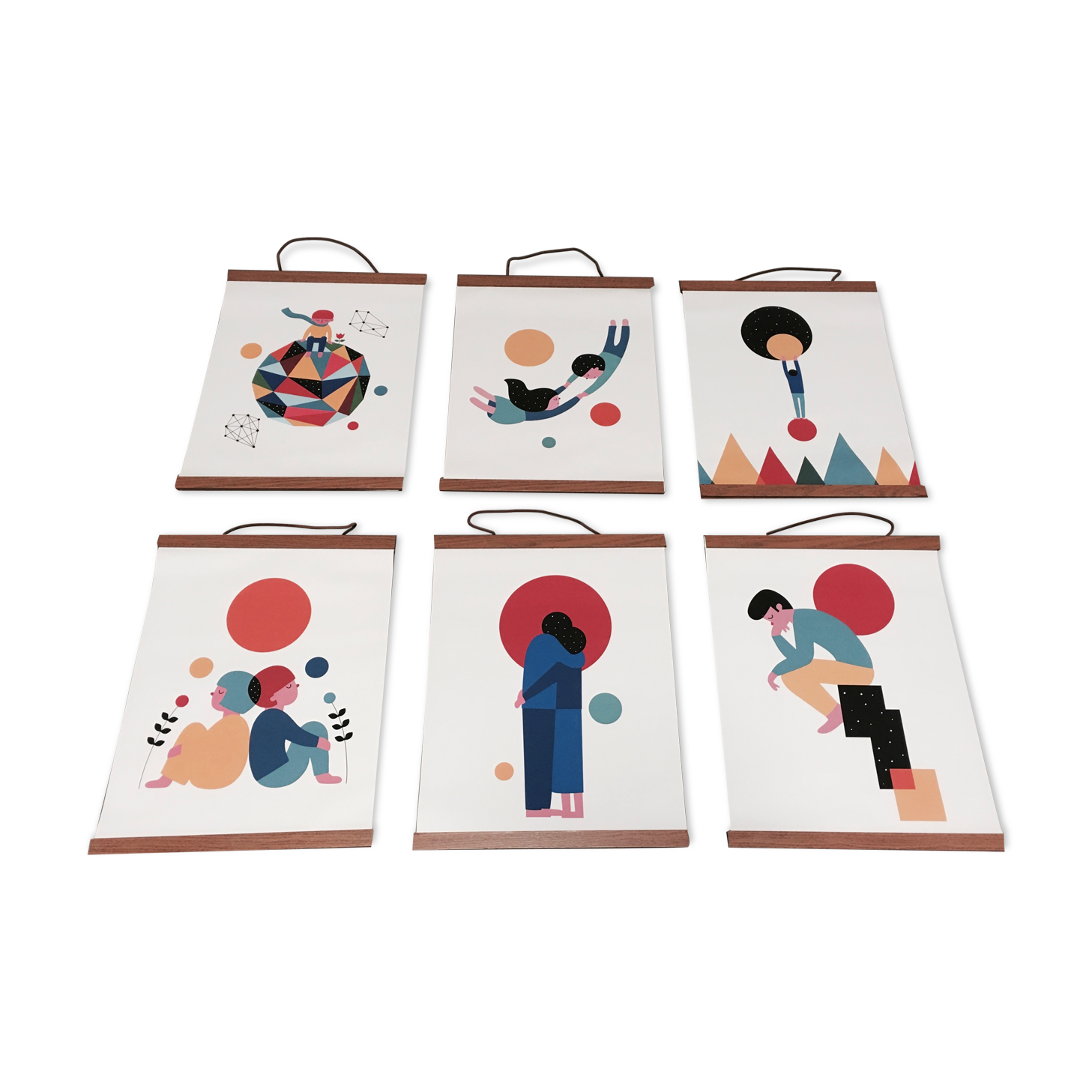 Set of 6 posters in leather and teak Scandinavian design