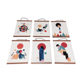 Set of 6 posters in leather and teak Scandinavian design