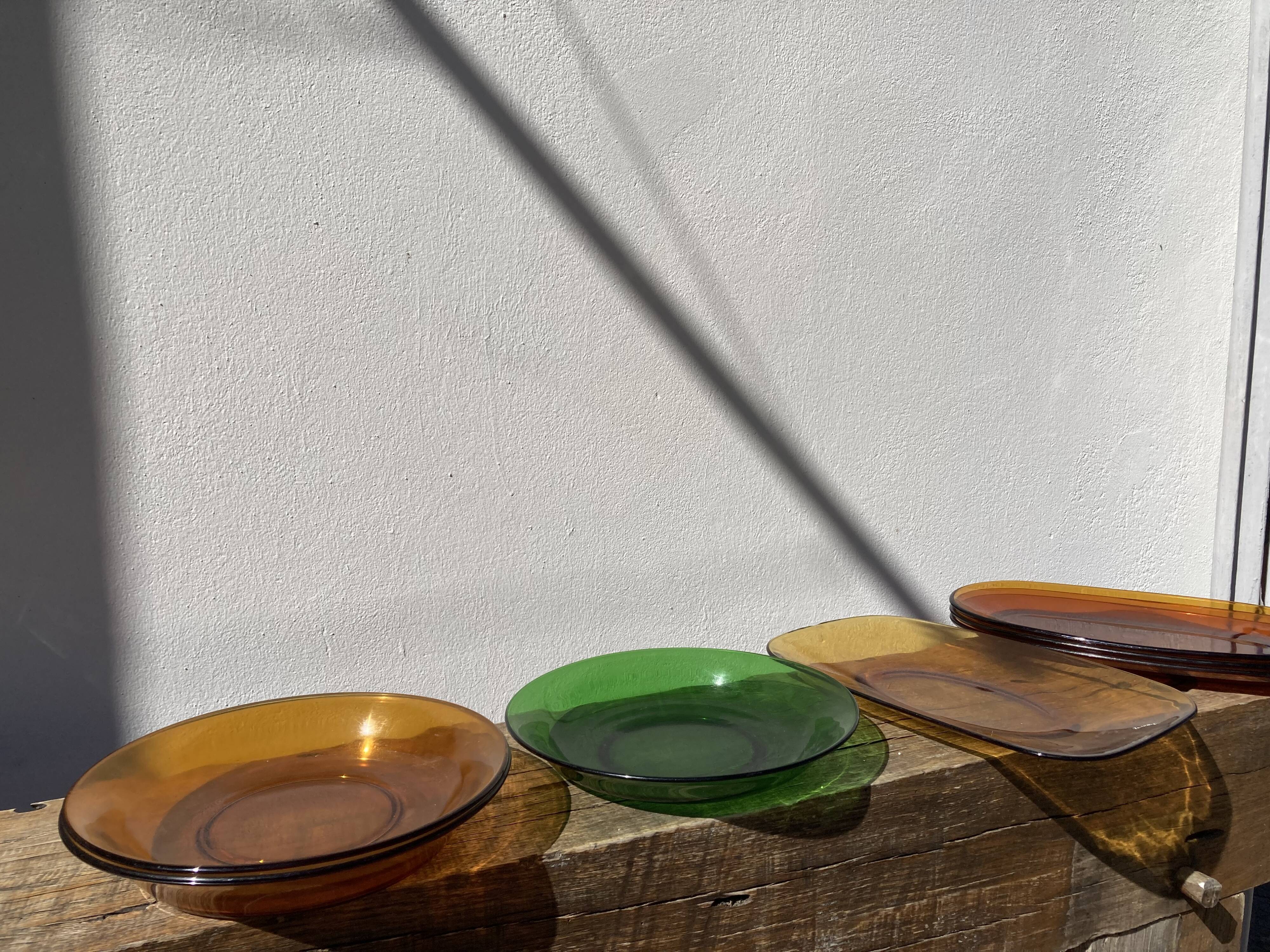 Set of 7 dishes in brown and green vintage glass