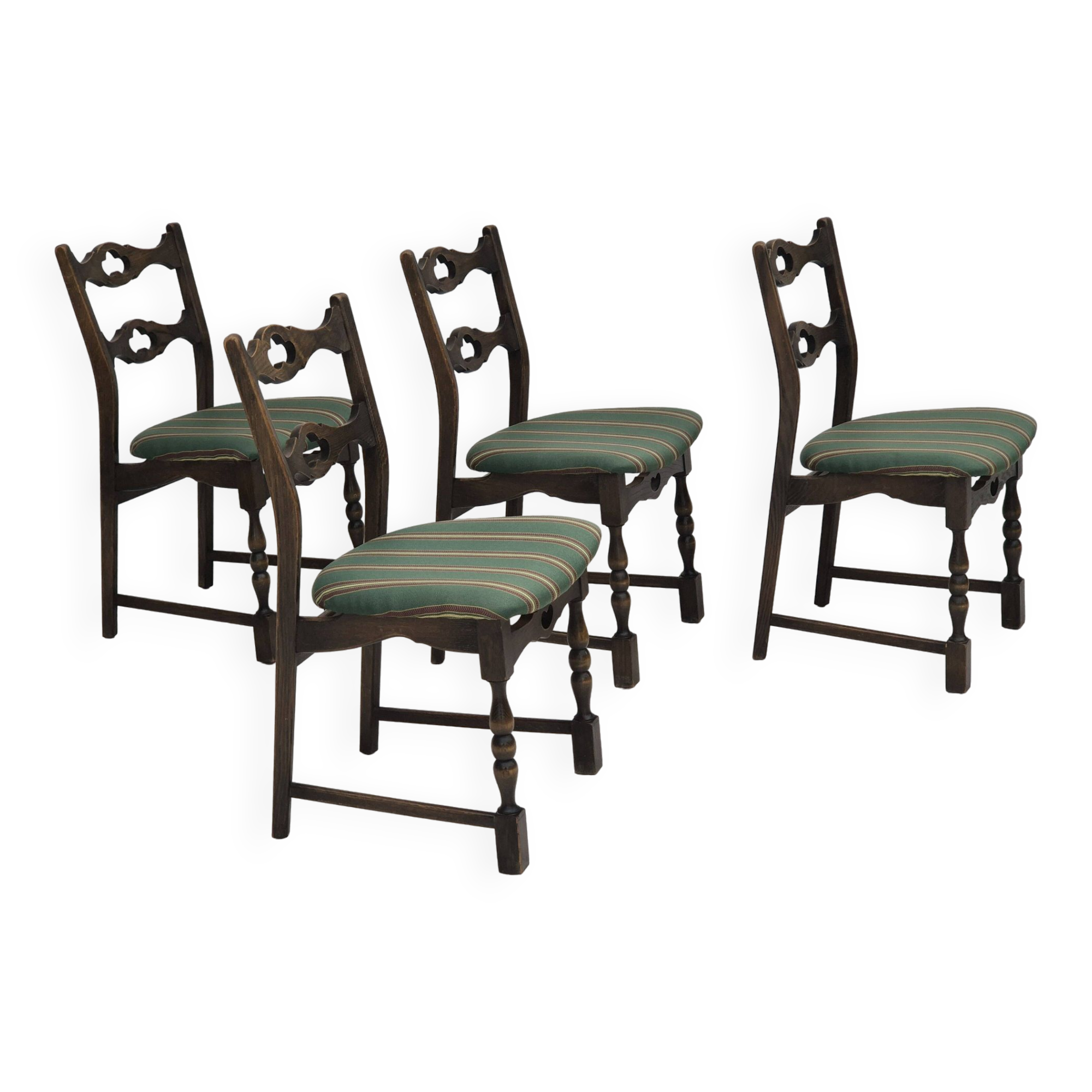 1970s, set of 4 Danish dining chairs, original condition, dark oak wood, furniture wool fabric.