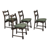 1970s, set of 4 Danish dining chairs, original condition, dark oak wood, furniture wool fabric.