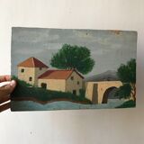 Peinture huile ancienne paysage naïf