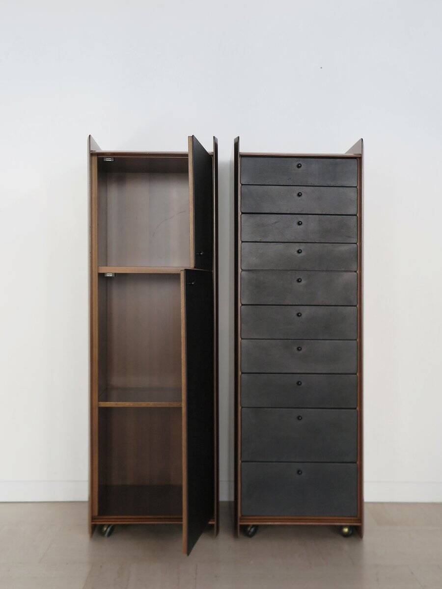 Vintage Container and Chest of Drawers Set in Wood and Leather by Afra & Tobia Scarpa for Maxalto, Italy, 1970s, Set of 2
