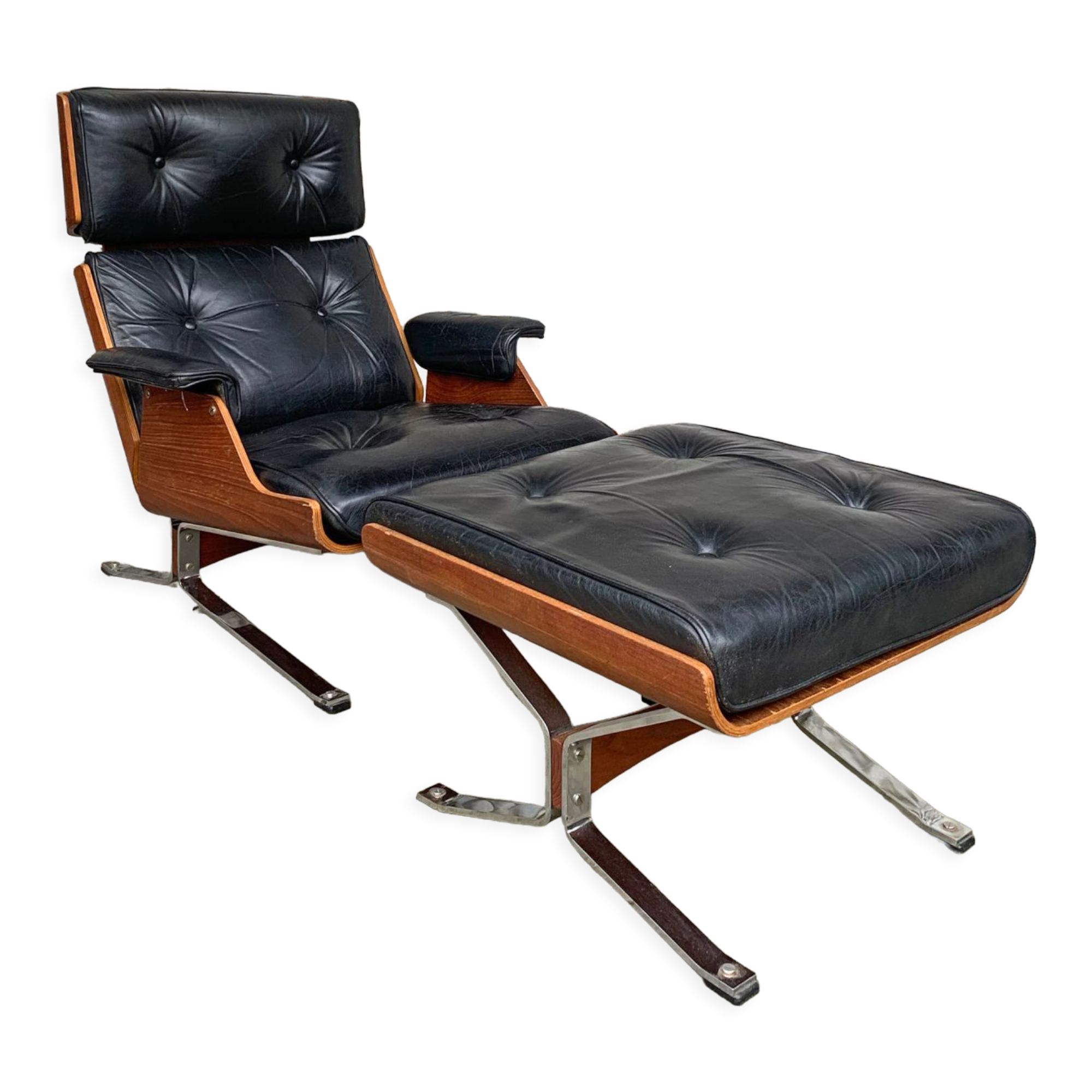 Lounge chair and ottoman black leather and teak multiplex, 1960