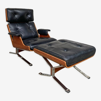 Lounge chair and ottoman black leather and teak multiplex, 1960
