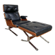 Lounge chair and ottoman black leather and teak multiplex, 1960