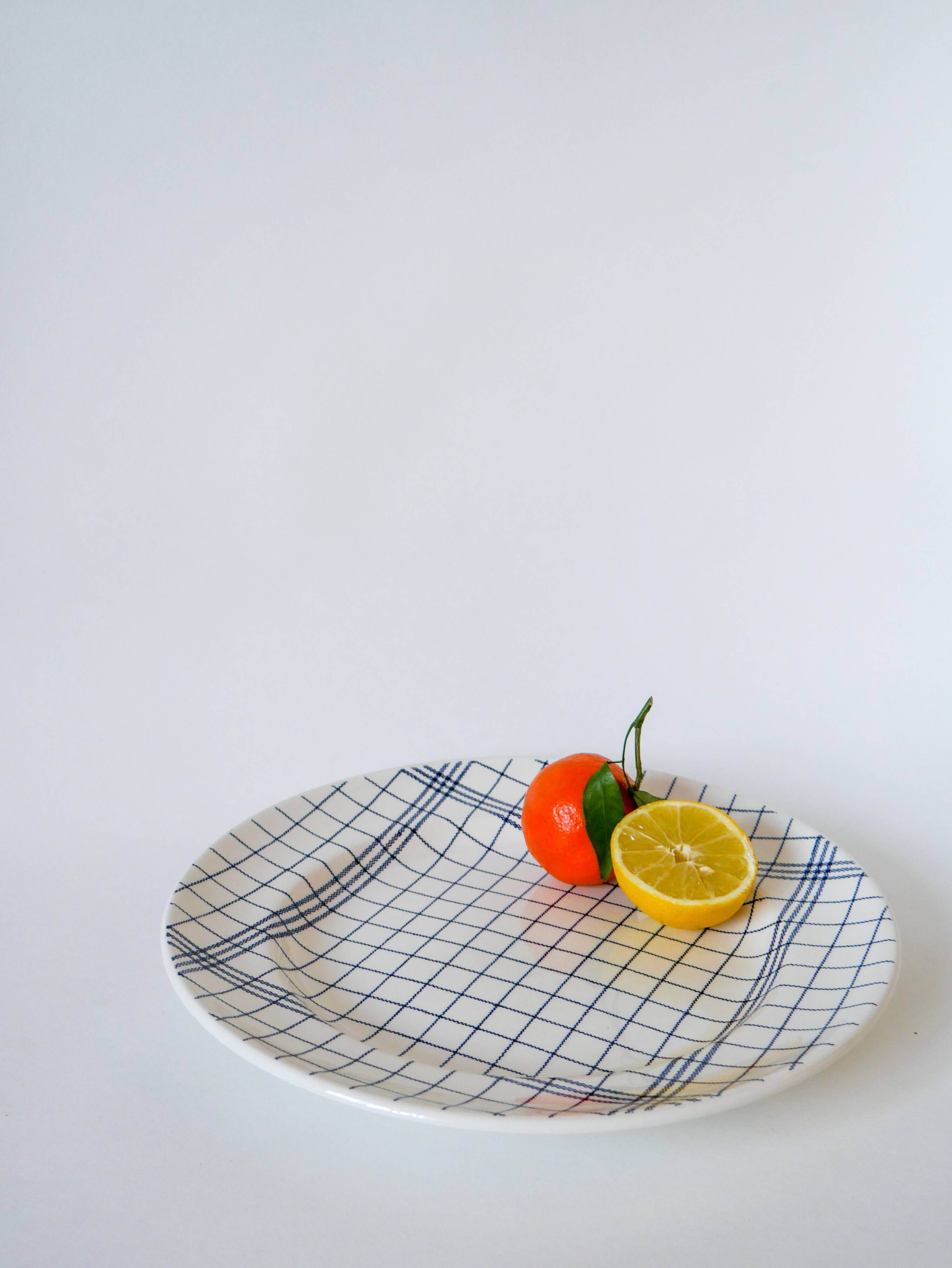 large round dish Gien blue and white striped 1960