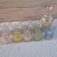 Vintage liqueur service from the 50s/60s — Decanter, 9 pastel glasses & tray