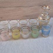 Vintage liqueur service from the 50s/60s — Decanter, 9 pastel glasses & tray
