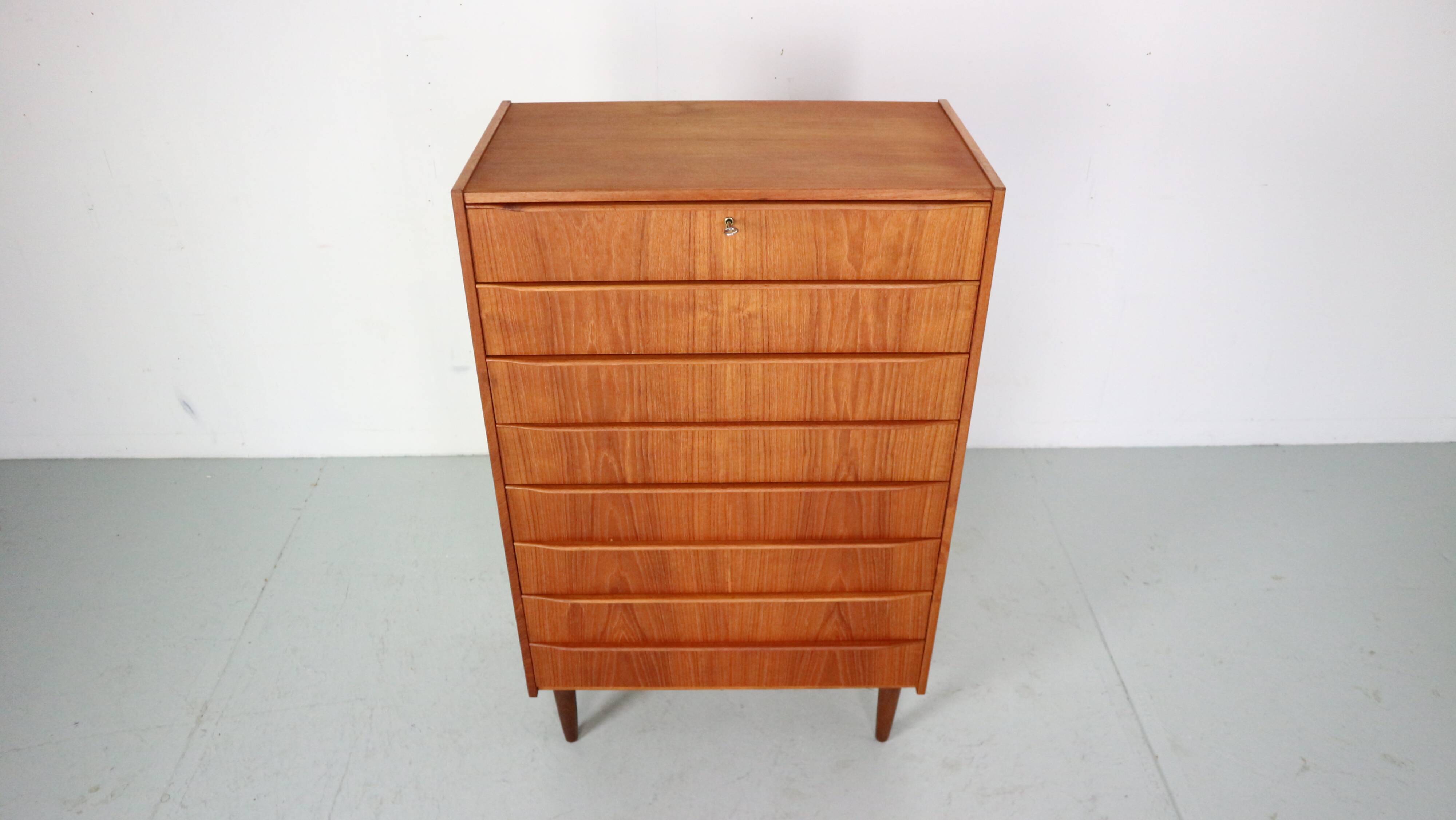 Mid-Century Modern Danish Chest of Eight Drawers, Tallboy in Teak, Denmark, 1960