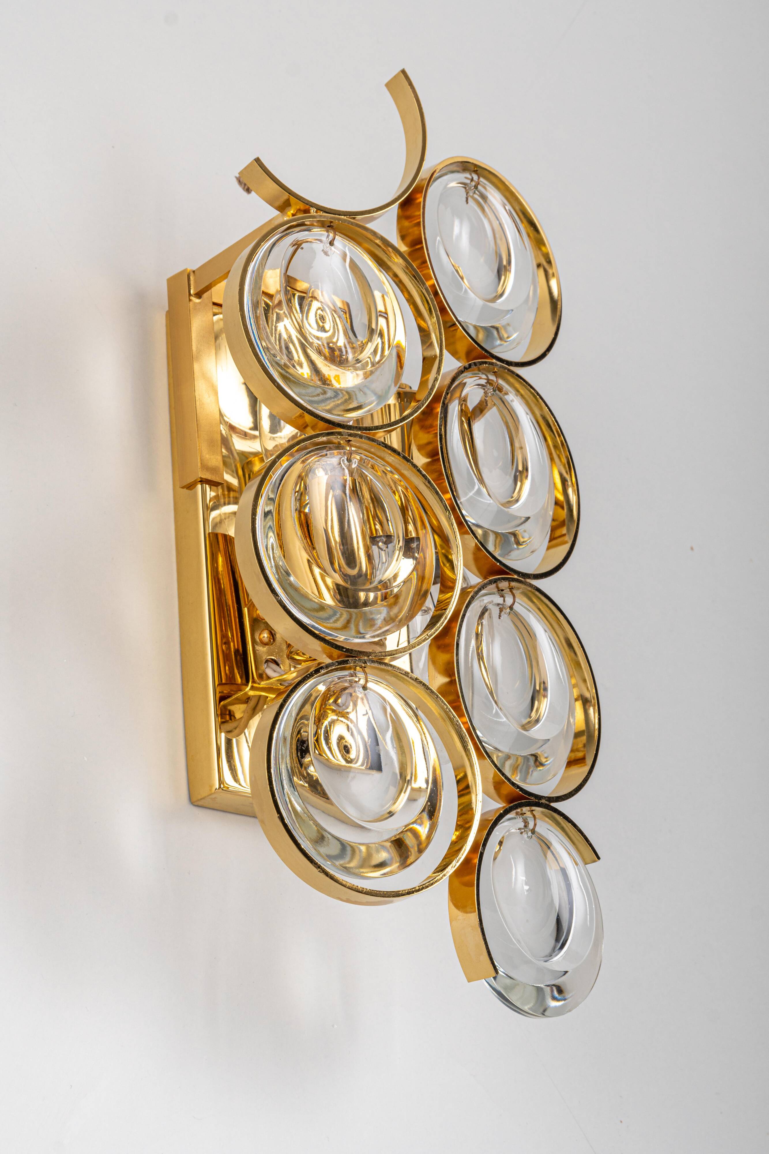 Golden brass and crystal wall light by Palwa, Germany, 1960s.