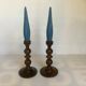 Pair of old candlesticks wood candles dummy blue wood