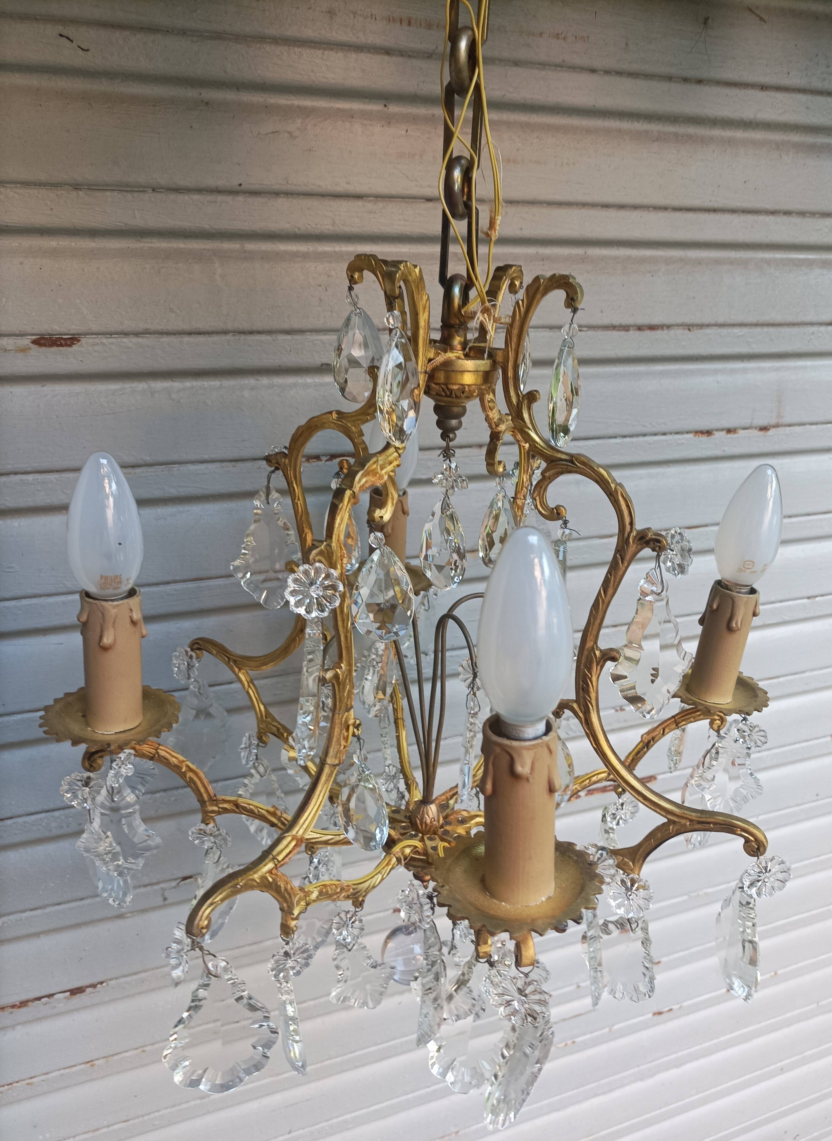 Rare old cage chandelier in gilded bronze and crystal 4 lights / WORKING CONDITION LEFT?