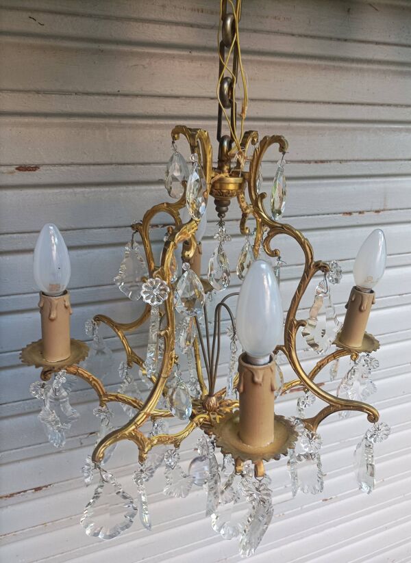 Rare ancien lustre cage en bronze doré et cristal 4 feux