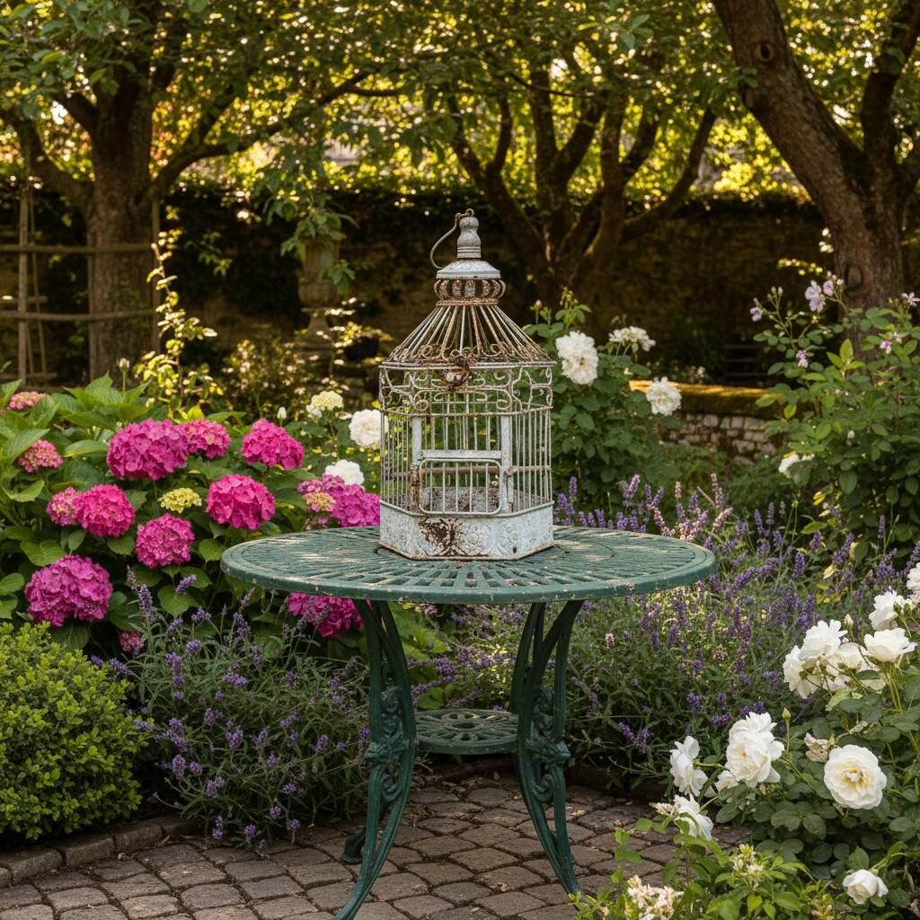 Vintage hexagonal metal birdcage from around 1940.