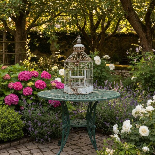 Ancienne cage à oiseaux hexagonale en métal vers 1940