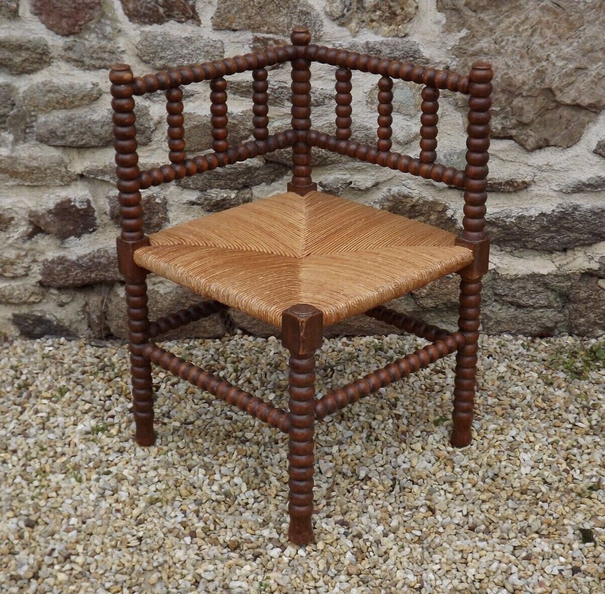 French antique turned wooden bobbin chair with rush seat 4156