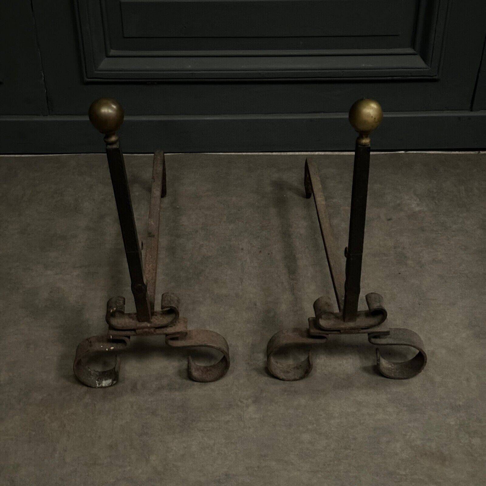 Pair of 19th century iron and brass andirons