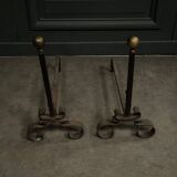 Pair of 19th century iron and brass andirons