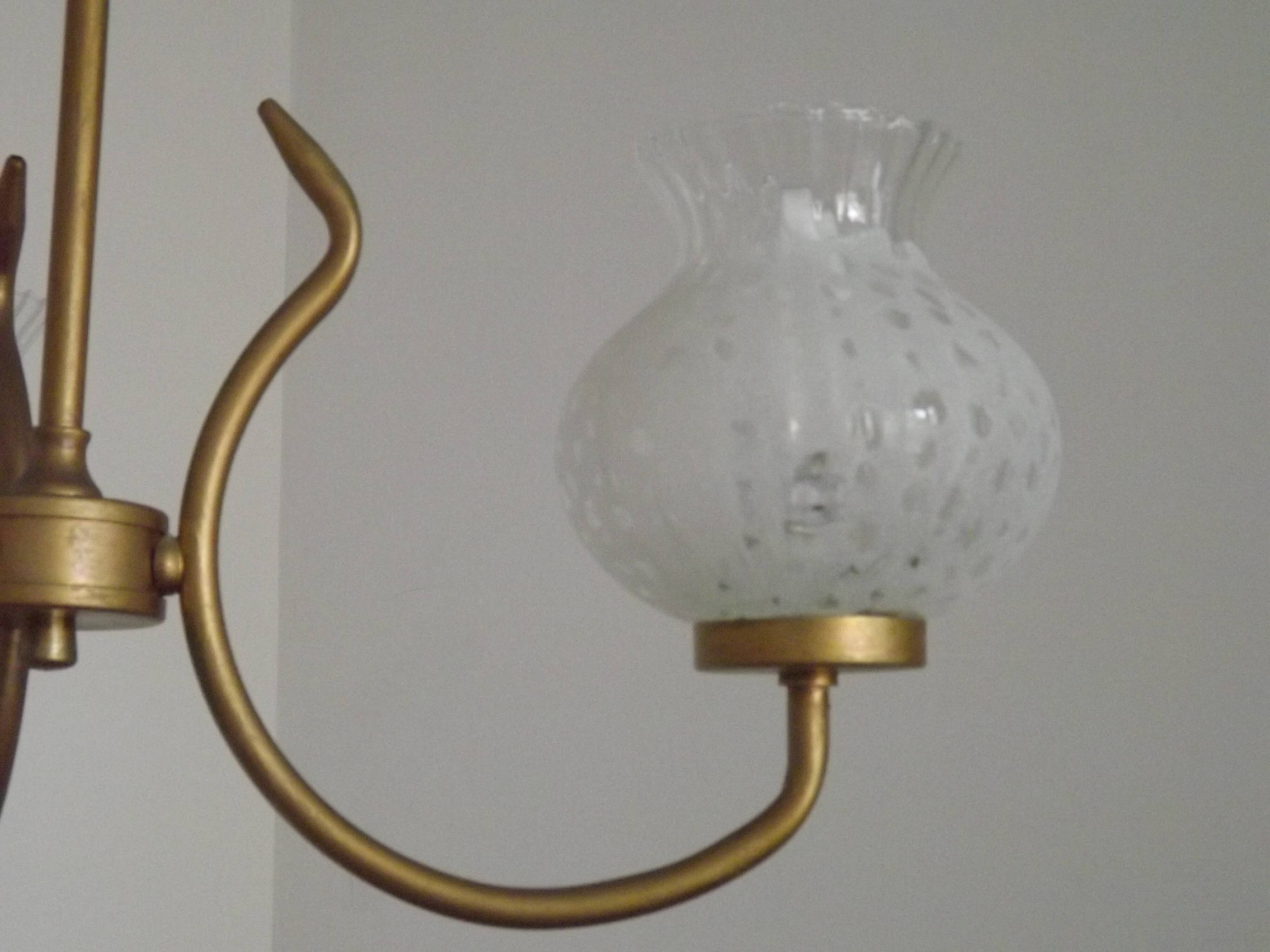 French Mid Century 3 Light Gold Metal Chandelier Textured Glass Shades