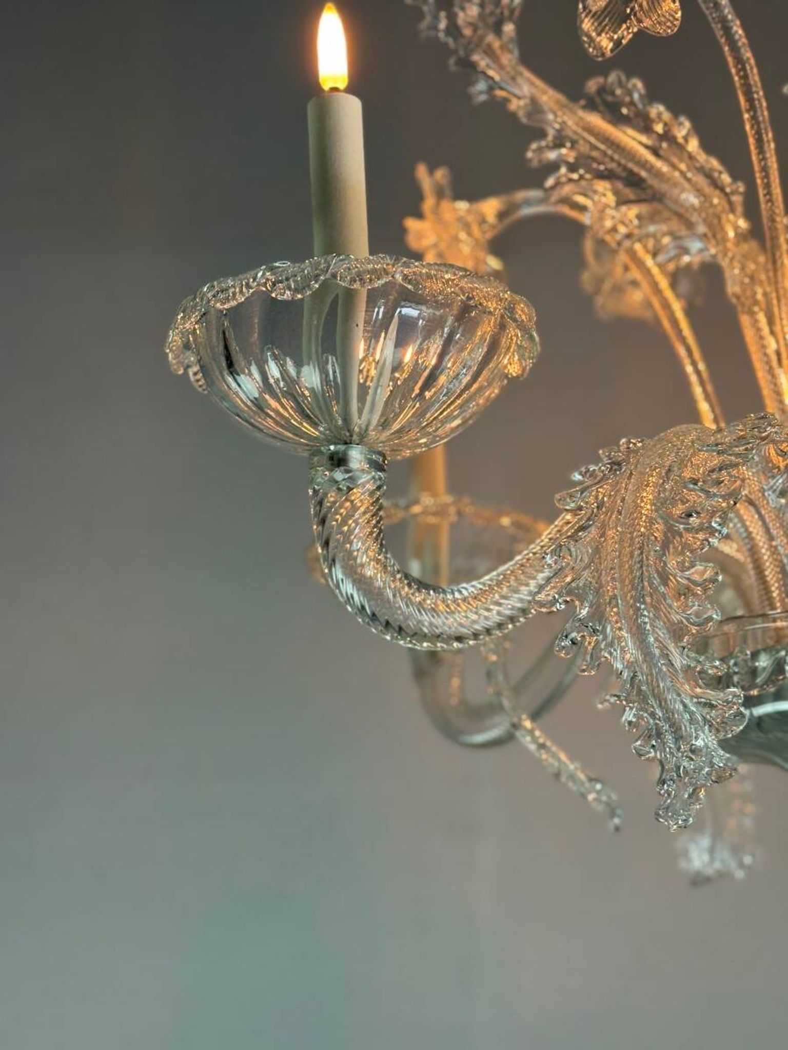 Venetian chandelier in colorless Murano glass, 6 light arms, circa 1940