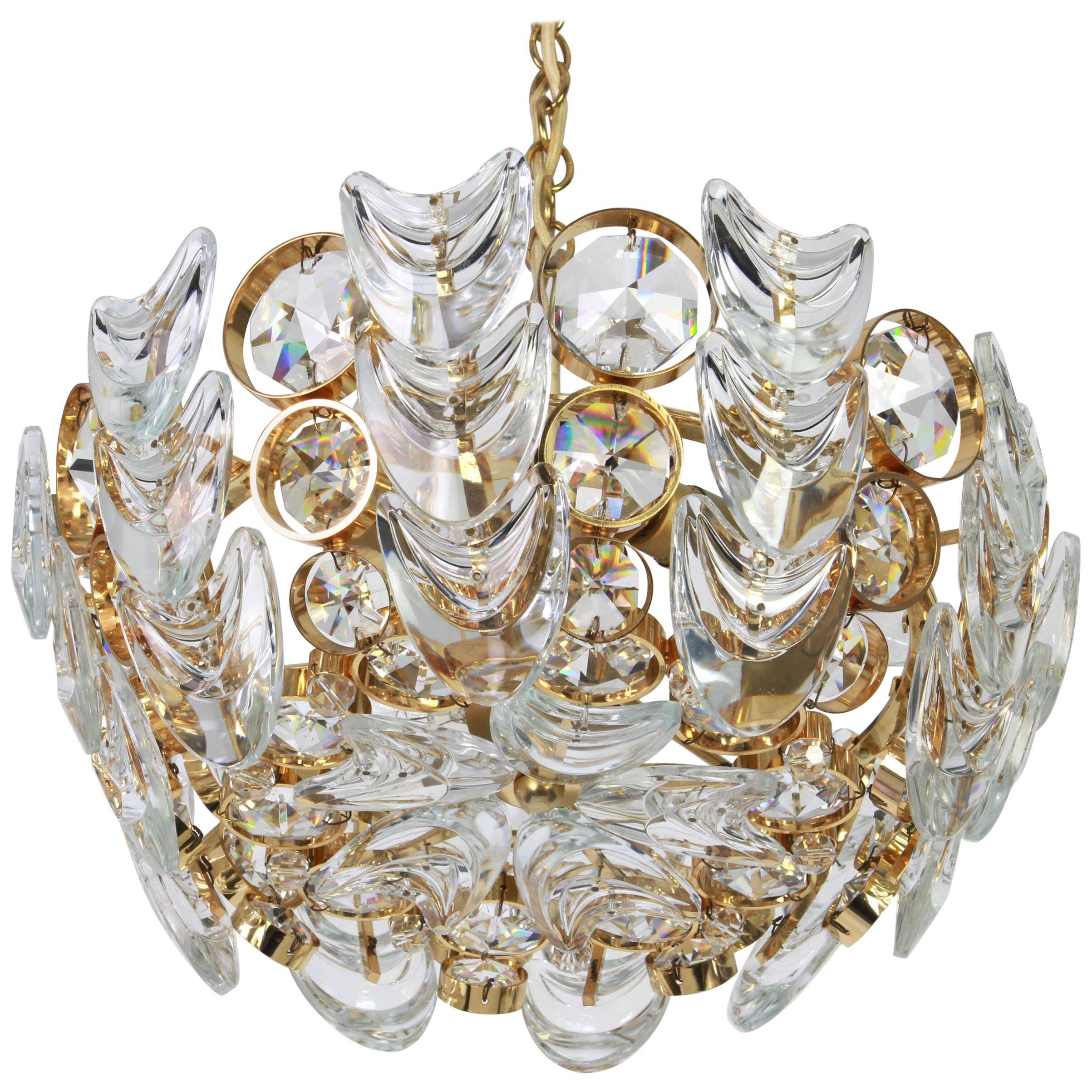 Small golden brass and crystal glass pendant light by Palwa, Germany, 1970s.