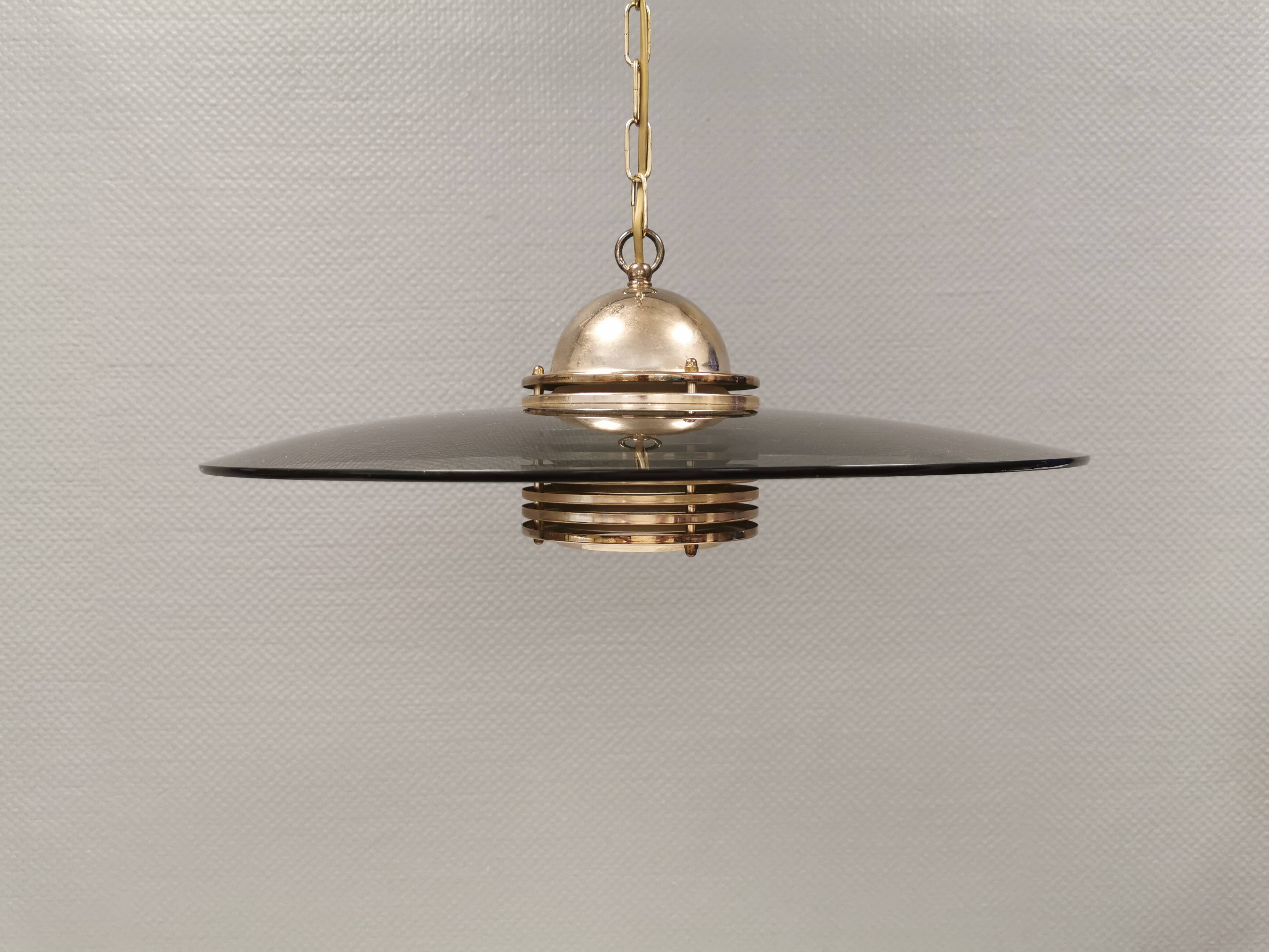 Original Belid T 391 pendant light in gold-coloured metal and smoked glass