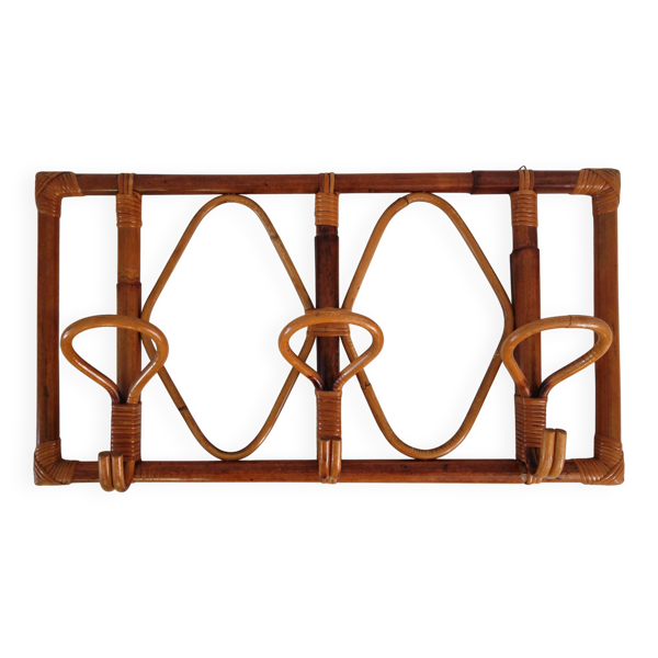 Porte manteaux mural vintage bambou et rotin