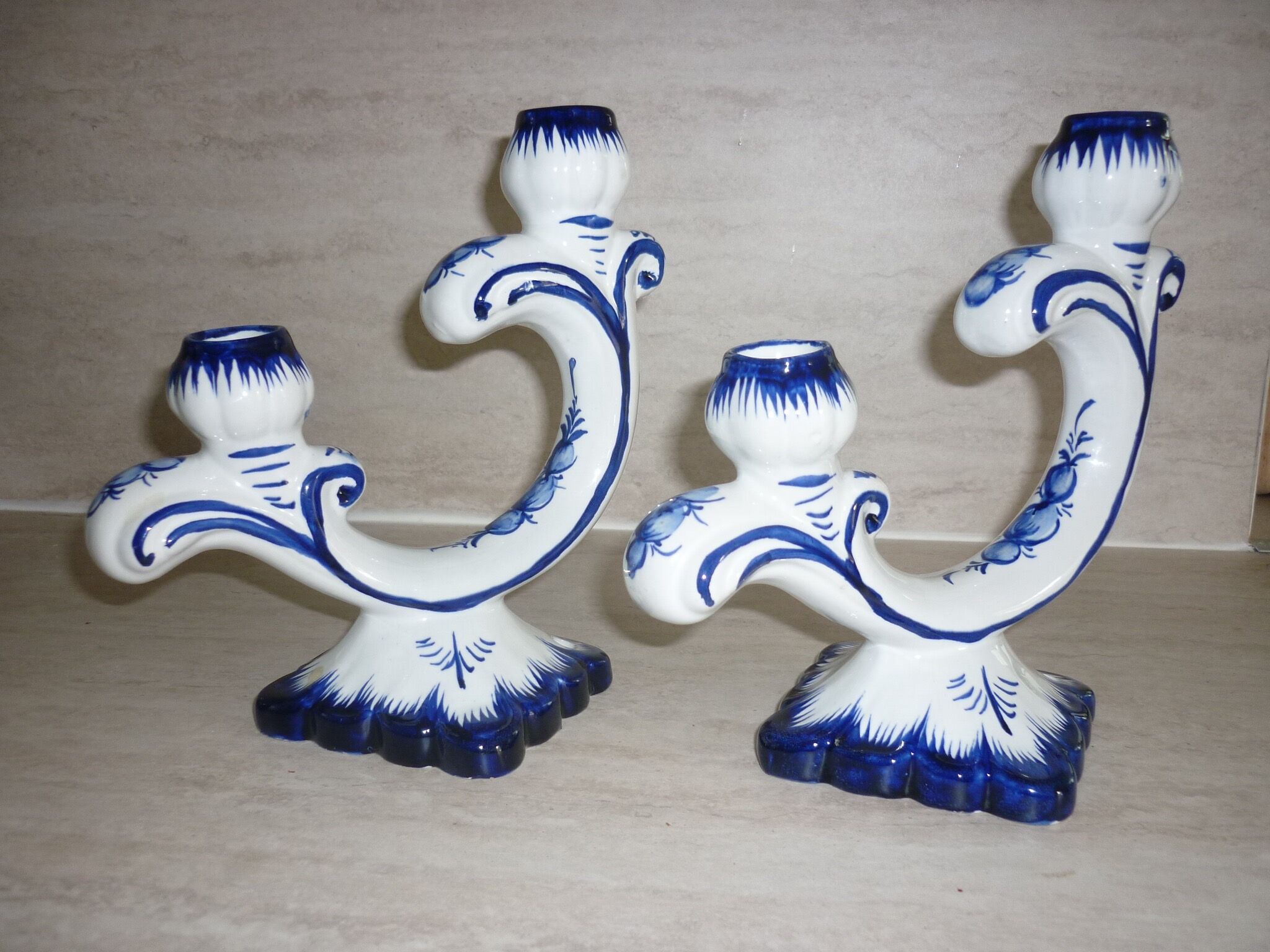 Pair of 2-pointed ceramic candlesticks from Portugal