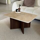 Rectangular coffee table in travertine and dark oak.