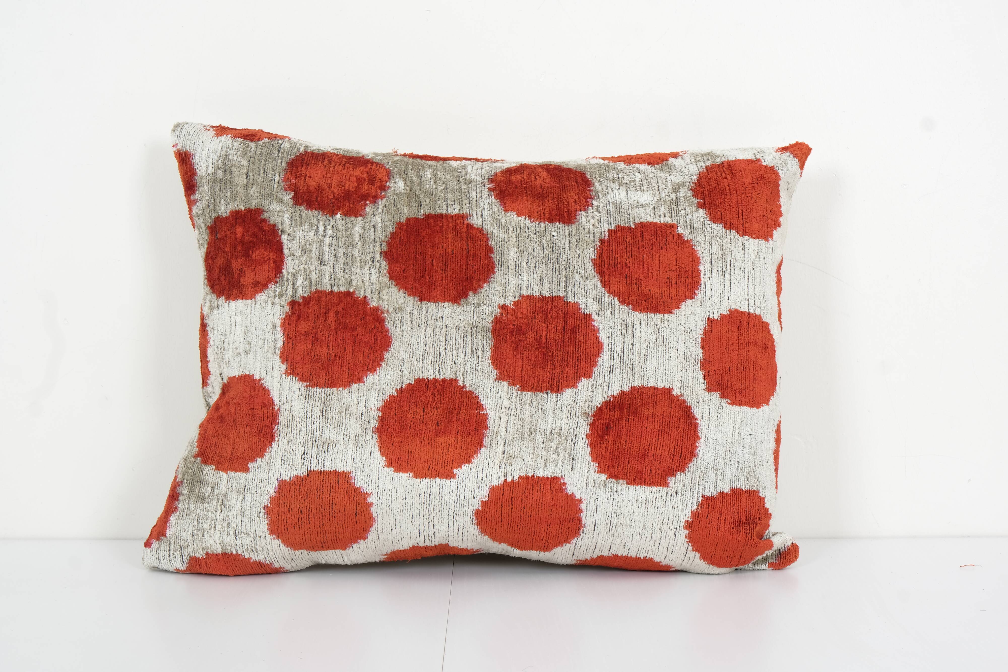 Red Silk Ikat Velvet Pillow Cover, Tribal Polka Dot Ikat Lumbar Cushion Cover, Decorative Pillowcase