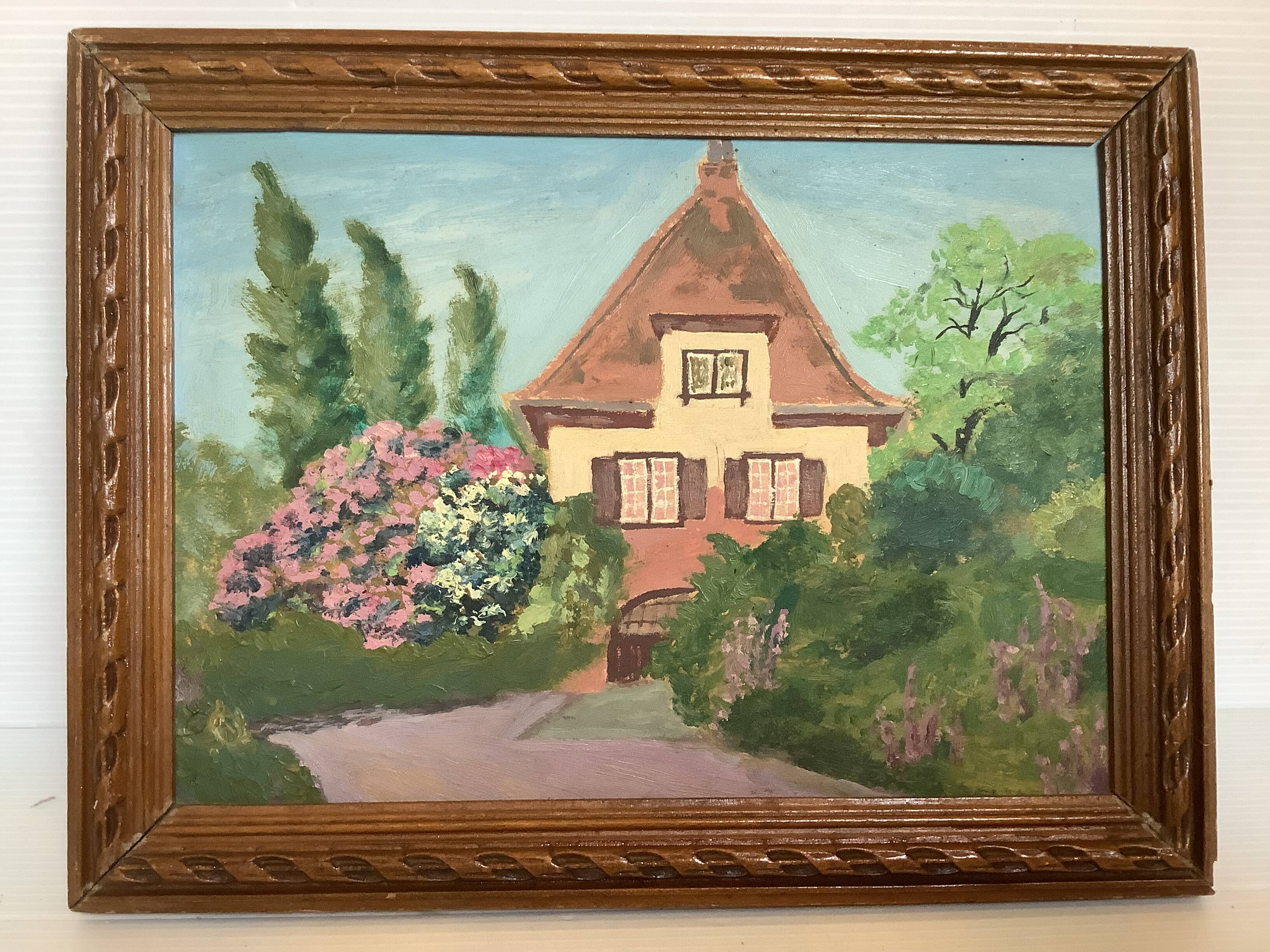 Small painting of a flowered house in oil on cardboard.