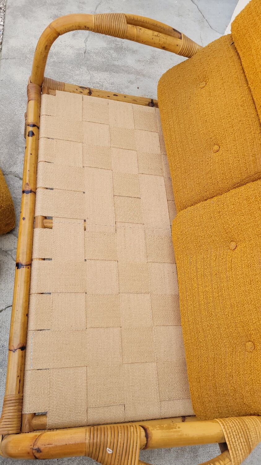 Salon canapé, 2 fauteuils et table basse en rotin vintage fabrication 1950