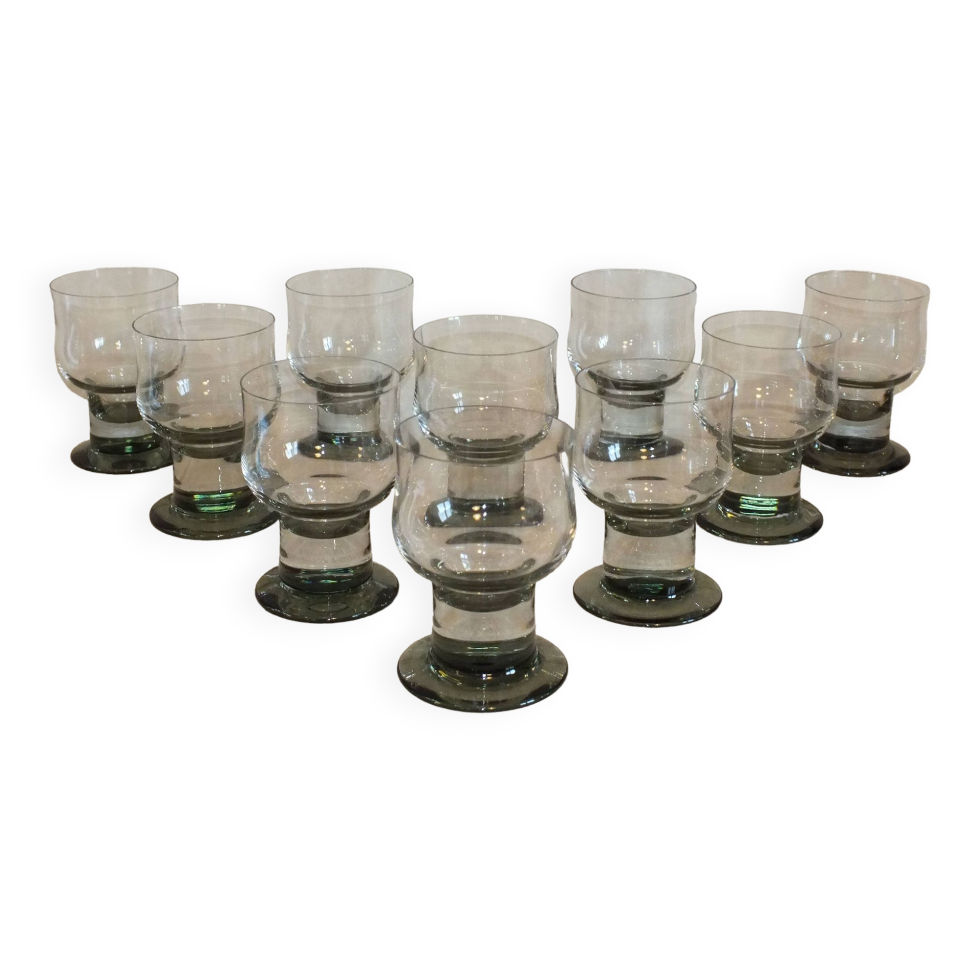 10 tarente thick crystal water glasses, steel gray foot, 1970