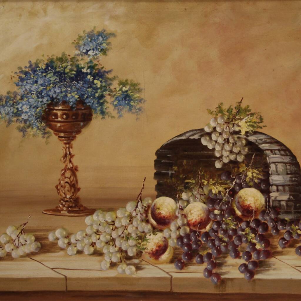 Signed painting still life with flowers and fruit from the 20th century